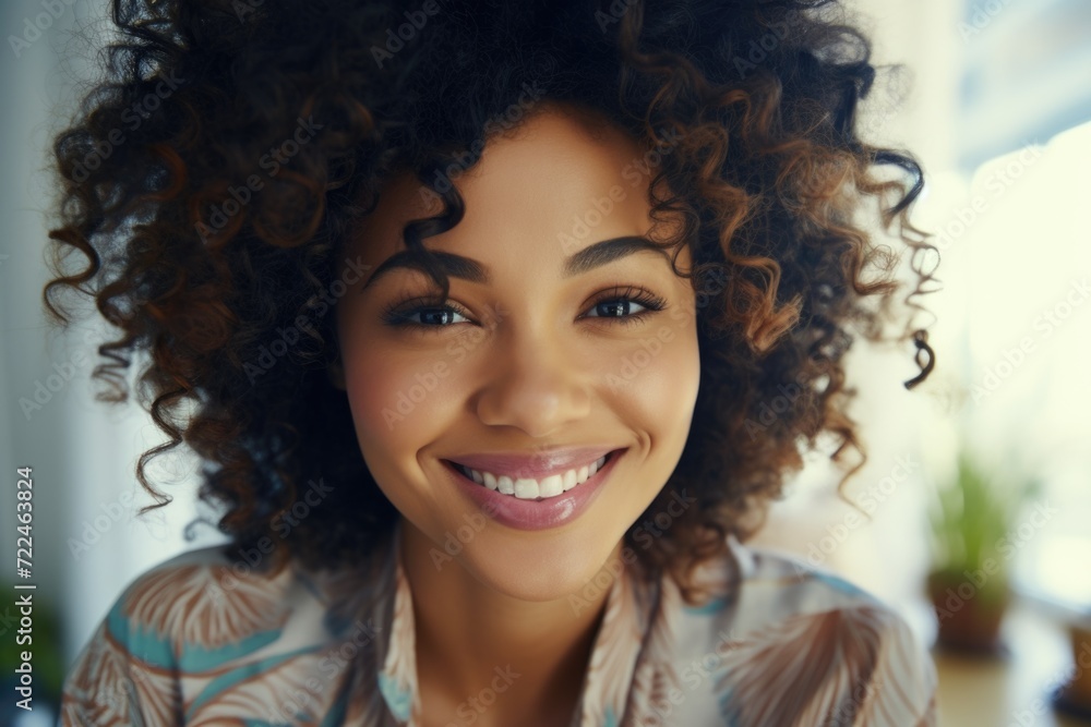 A woman with curly hair smiling at the camera. Suitable for various uses A woman with curly hair smiling at the camera. Suitable for various uses