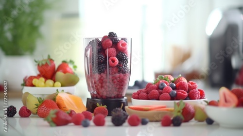 A blender filled with a variety of fresh fruits. Perfect for healthy lifestyle concepts and recipes