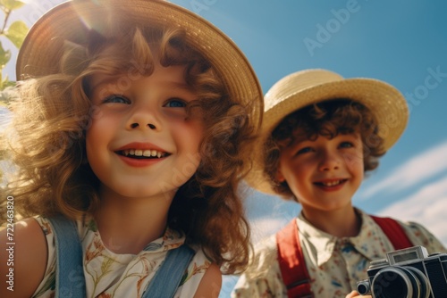 Two young children wearing hats and holding a camera. Suitable for various uses