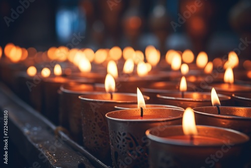 A row of lit candles sitting on top of a table. Perfect for creating a warm and cozy atmosphere.