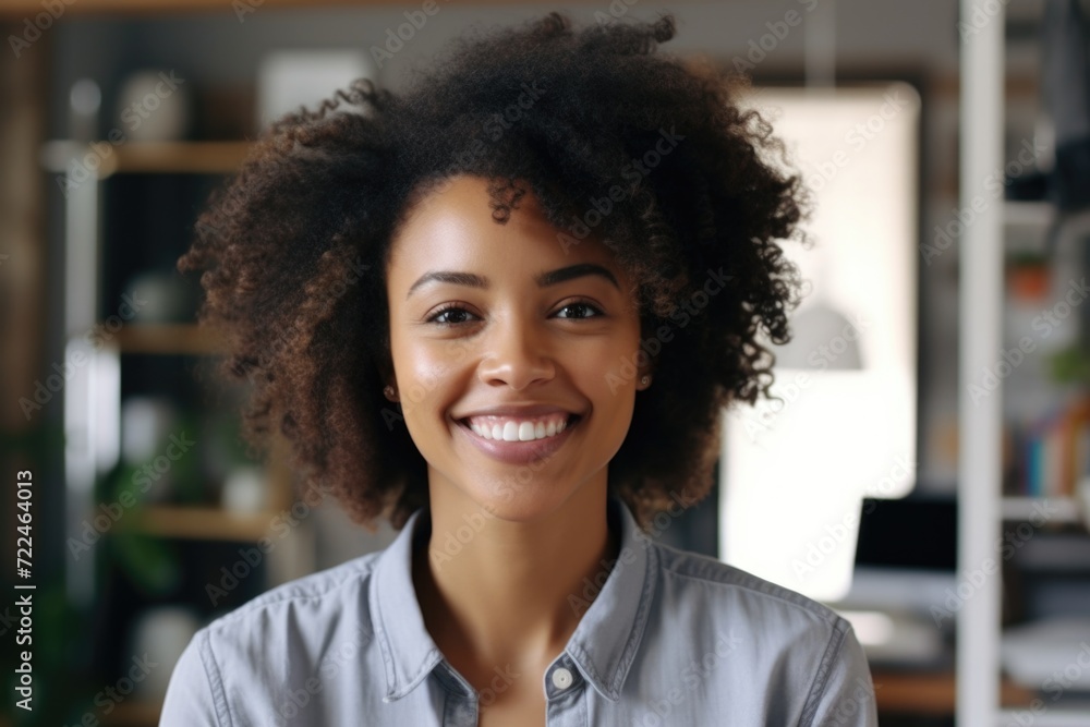 A woman with an afro smiles at the camera. Suitable for various uses A woman with an afro smiles at the camera. Suitable for various uses