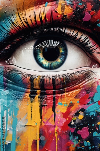 A close-up view of a painting depicting an eye. This image can be used for various creative projects and designs