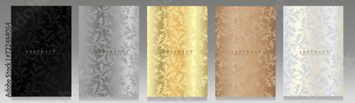 Elegant set of covers. Leaf pattern, shaded colors and glossy effect. Black, silver, gold, brown and white template for a luxurious and graceful background,invite wedding, beauty and fashion brochure.