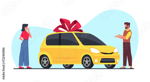 Man gives woman car as gift. Birthday surprise, automobile lottery prize, auto with red bow. Passenger personal city transport. Give congratulations. Cartoon flat isolated vector concept