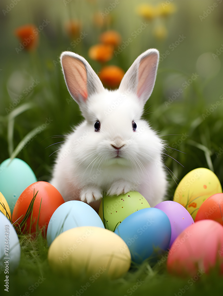 Cute white bunny with colorful easter eggs in green grass, blurry outdoor background Cute white bunny with colorful easter eggs in green grass, blurry outdoor background