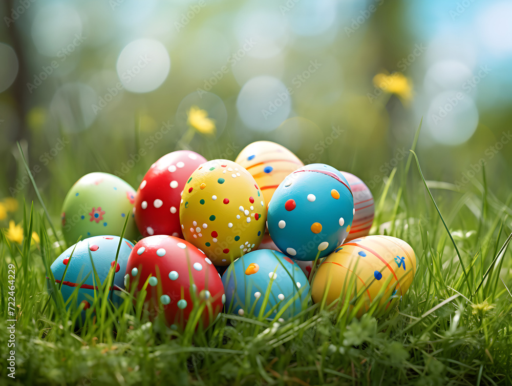 Close up of colorful easter eggs in green grass Close up of colorful easter eggs in green grass