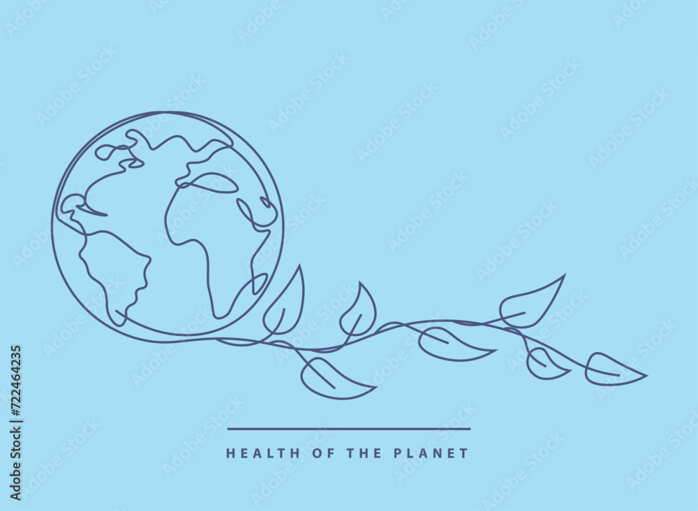 Line drawing, planet, globe, earth, spring is coming, the planet is blooming, environmentally friendly nature.