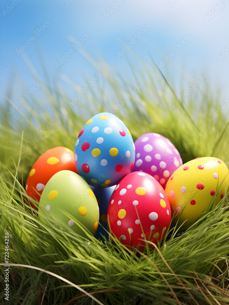 Close up of colorful easter eggs in green grass