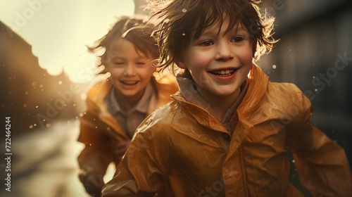 Happy smiling children in peach raincoat and rain boots running