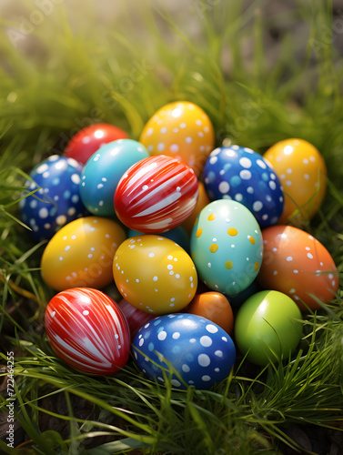 Close up of colorful easter eggs in green grass