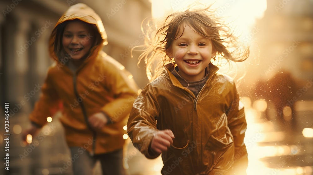 Happy smiling children in peach raincoat and rain boots running Happy smiling children in peach raincoat and rain boots running
