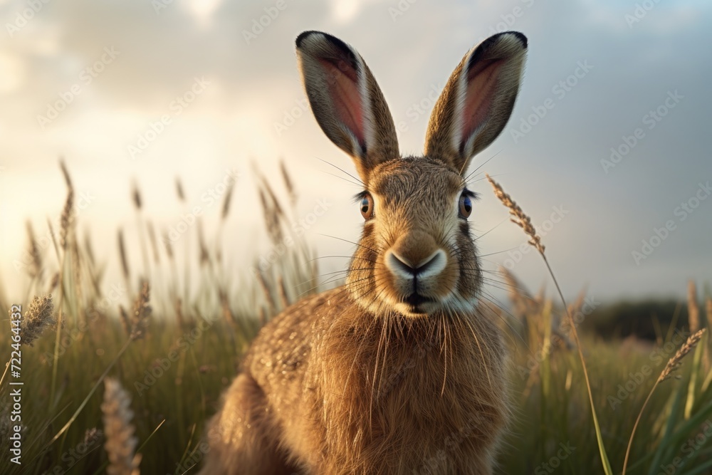 A rabbit stands in a field of tall grass. Perfect for nature and wildlife themes A rabbit stands in a field of tall grass. Perfect for nature and wildlife themes