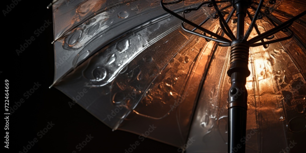 A close up shot of a clear umbrella against a black background. Perfect for adding a touch of elegance to any rainy day or fashion-themed project