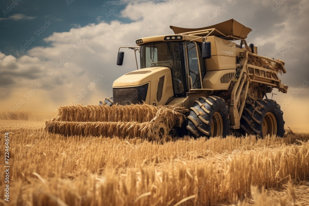 Fototapeta premium A tractor is seen in a field with hay in the foreground. This image can be used to depict agricultural activities or rural landscapes