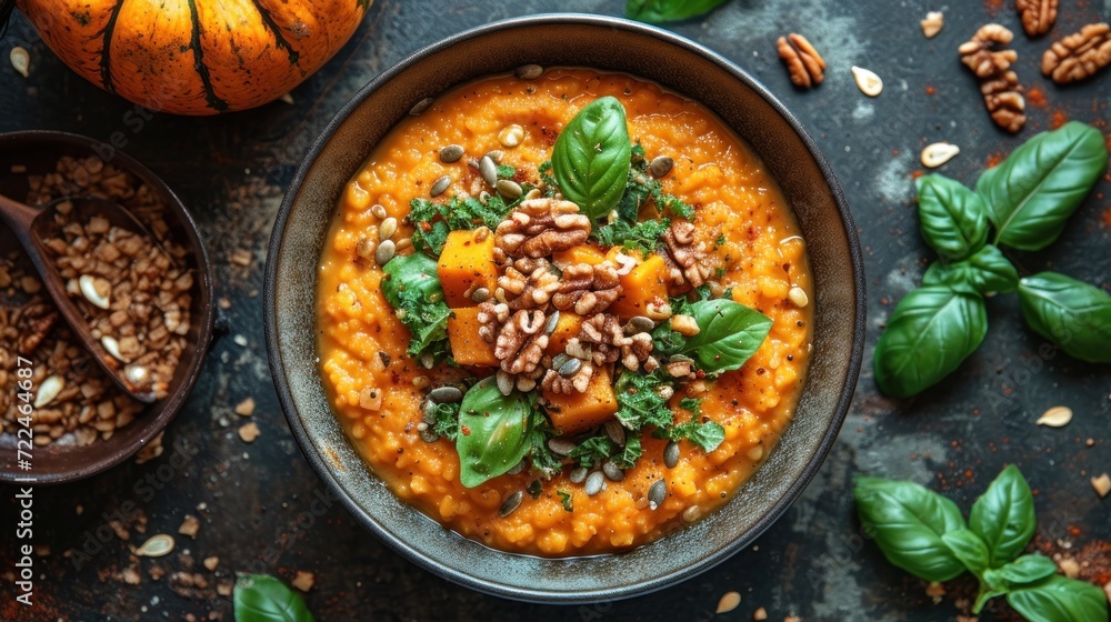 a bowl of carrot and spinach soup next to a bowl of pecans and pumpkins on a table. a bowl of carrot and spinach soup next to a bowl of pecans and pumpkins on a table.