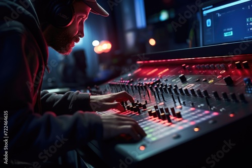 A man wearing headphones is seen working on a sound board
