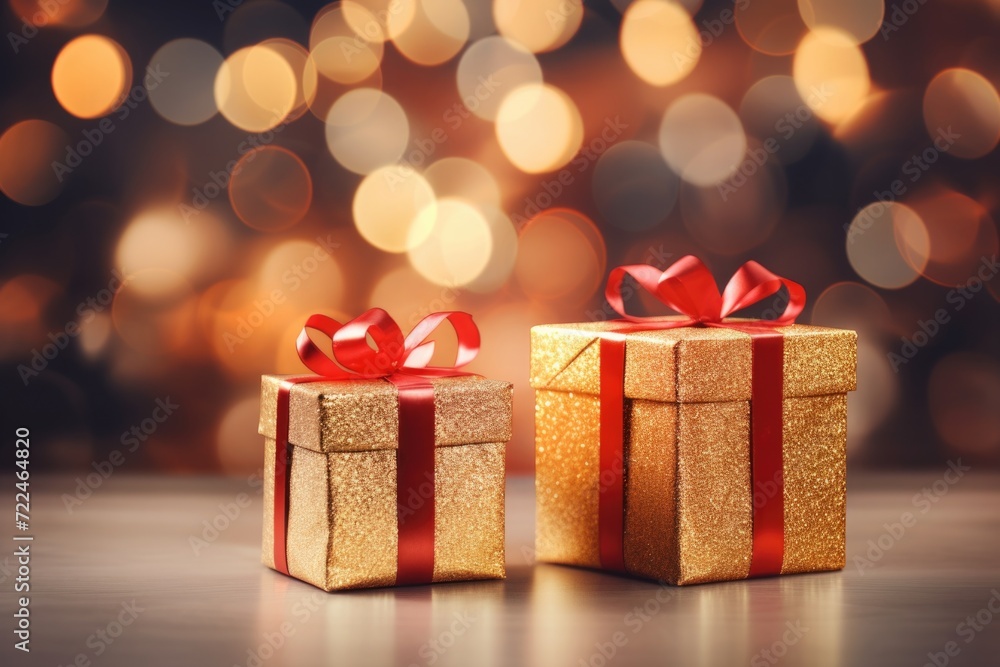 Two gold gift boxes with red bows on a table. Perfect for holiday presents or special occasions Two gold gift boxes with red bows on a table. Perfect for holiday presents or special occasions