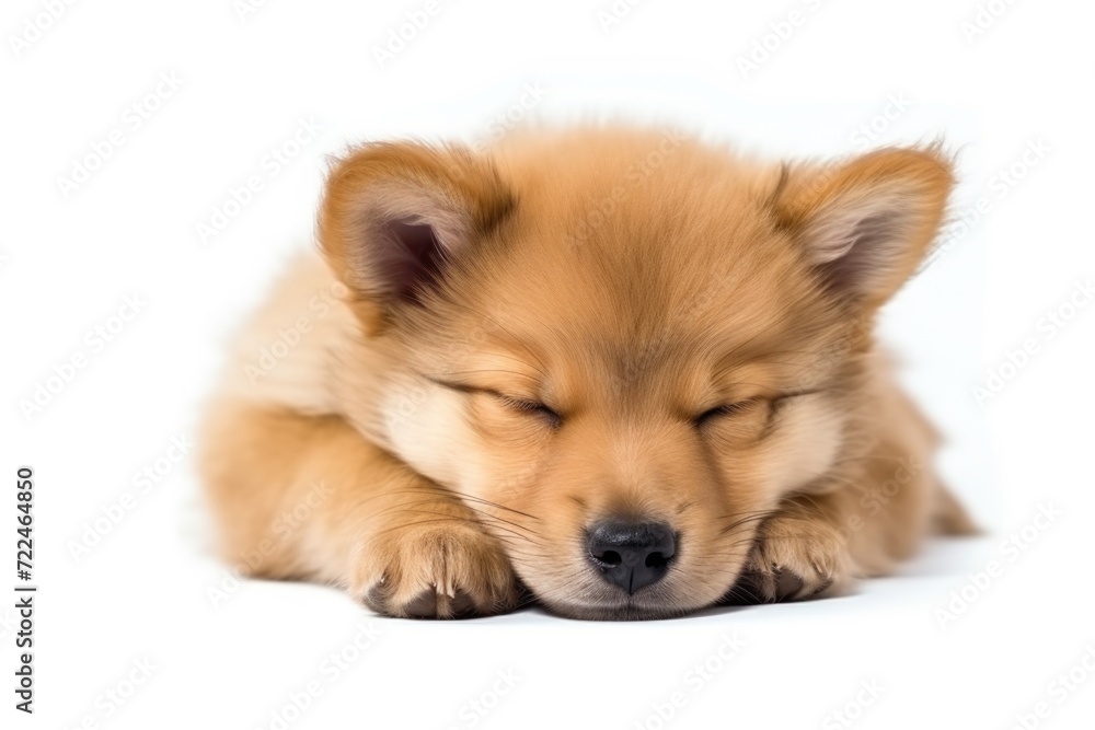 A small brown dog peacefully sleeping on a clean white surface. Perfect for pet-related content or relaxation themes