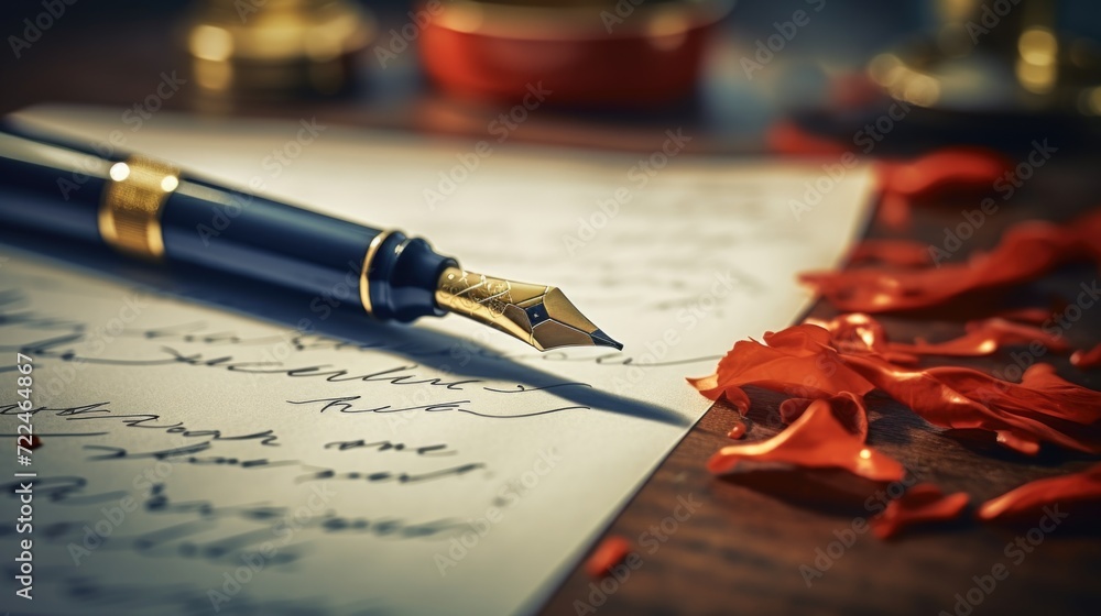 A close-up view of a fountain pen resting on top of a piece of paper. This image captures the elegance and simplicity of writing with a classic pen. - obrazy, fototapety, plakaty 
