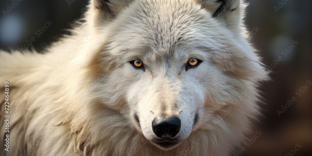 A detailed close-up of a majestic white wolf's face. Perfect for wildlife enthusiasts and animal lovers alike