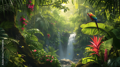 Discover the breathtaking beauty of a hidden oasis, where a lush jungle reveals a mesmerizing waterfall, surrounded by vibrant exotic birds. Immerse yourself in nature's captivating paradise.