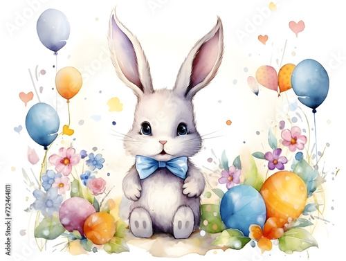 Watercolor illustration of a cute bunny with easter eggs