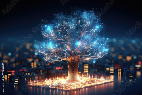 A picture of a tree standing in the middle of a bustling city. Can be used to depict the contrast between nature and urban life