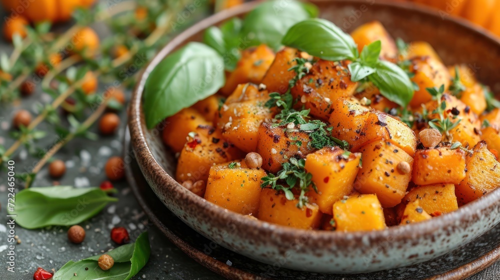 a close up of a bowl of food with a leafy garnish on the top of the bowl.