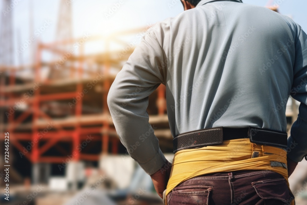 A man standing in front of a construction site. This image can be used to depict construction, building projects, or urban development