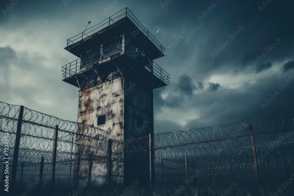 A tall tower standing next to a barbed wire fence. Suitable for themes related to security, confinement, or surveillance. A tall tower standing next to a barbed wire fence. Suitable for themes related to security, confinement, or surveillance.