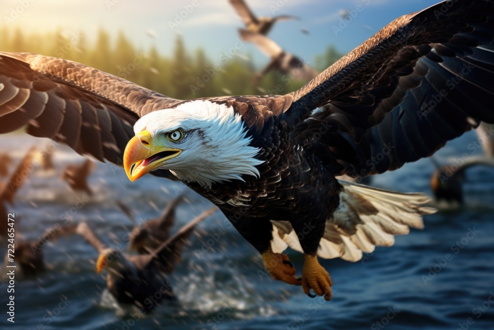 Obraz premium A majestic bald eagle soaring through the sky above a serene body of water. Perfect for nature and wildlife enthusiasts.