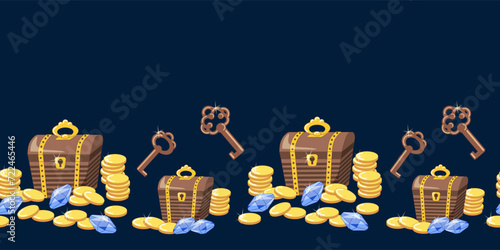 Closed treasure chest, gold coins with gems and old key on dark blue background. Seamless border. Cartoon vector illustration for wallpaper, wrapping paper,  packaging.