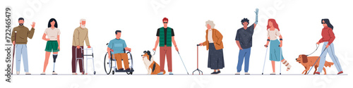 Disability people. Persons with various congenital and acquired injuries, adults with prosthetics, limbs lack, blindness. Paralyzed on wheelchair cartoon flat isolated nowaday vector set
