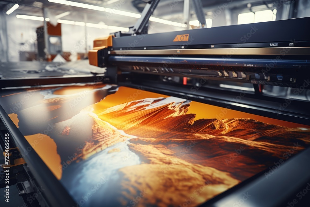 A picture of a large print being printed in a factory. This image can be used to showcase the manufacturing process or for illustrating the production of printed materials