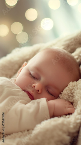 Sleepy baby gently cradled, peaceful and serene, in a soft, nurturing environment