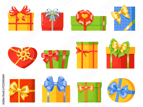 Cartoon gift boxes with ribbon. Colorful presents wrapping, different type bows, decorative holiday packaging, celebration event, birthday and Christmas sale shopping, vector flat isolated set