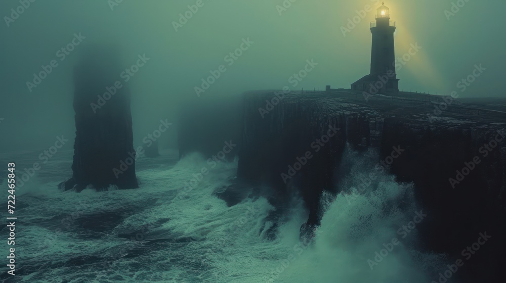  a lighthouse in the middle of a body of water with a light on top of it in the middle of a foggy day.