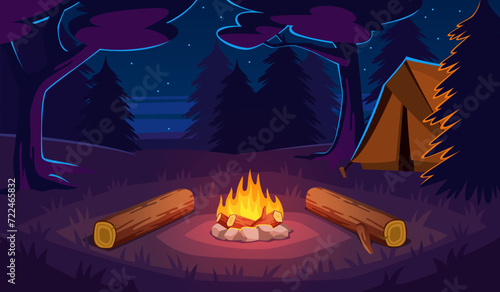 Bonfire in forest. Night glade with campfire, camping tent and logs for sitting, evening landscape, outdoor vacation. Adventure hiking tourism. Cartoon flat isolated tidy vector concept