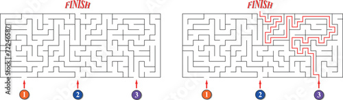 Labyrinth with three entrances. Find the right way and reach the exit of the maze. Mental educational game template with clue. Vector illustration photo
