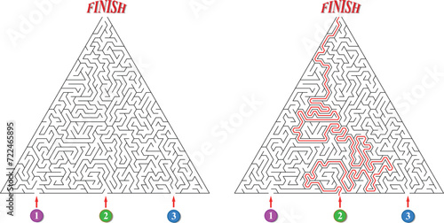 Labyrinth with three entrances. Find the right way and reach the exit of the maze. Mental educational game template with clue. Vector illustration