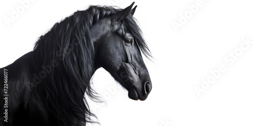 A black horse with long hair standing in front of a white background. Can be used for various purposes