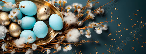 Banner gold and blue Easter eggs decorated with feathers and sparkles on a blue background