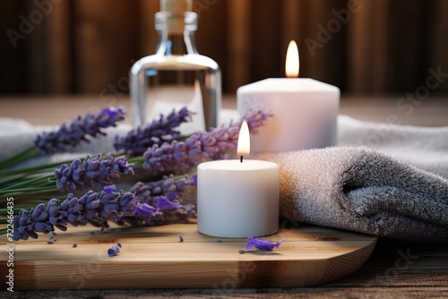 A wooden cutting board with lit candles and vibrant lavender flowers. Perfect for creating a warm and relaxing atmosphere.