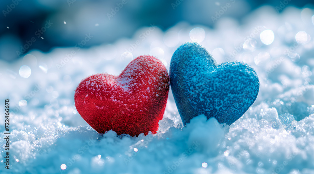 Obraz premium Poster or banner of two hearts sitting on the snow covered ground under light. Vibe of Valentine day and romantic