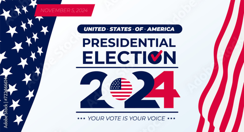 US Election 2024 campaign with USA flag. 2024 presidential election banner design. USA presidential election 2024. Election voting banner, poster. Vote day, November 5. Template vector illustration. photo