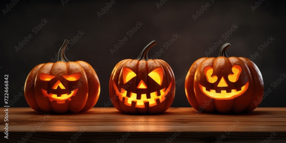 Three carved pumpkins sitting on top of a wooden table. Perfect for Halloween decorations or autumn-themed designs Three carved pumpkins sitting on top of a wooden table. Perfect for Halloween decorations or autumn-themed designs