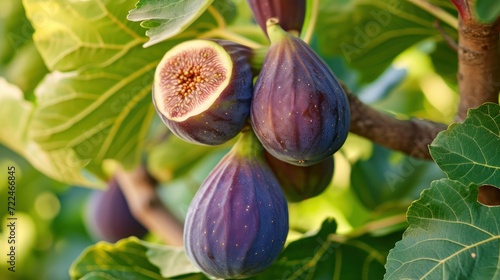  a close up of some figs on a tree with leaves and a tree branch with a few figs hanging from it.