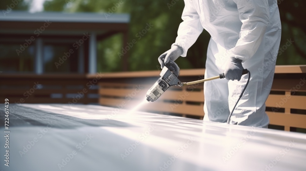 Obraz premium A man in a white suit is spraying a roof. Suitable for construction, roofing, maintenance, and home improvement projects