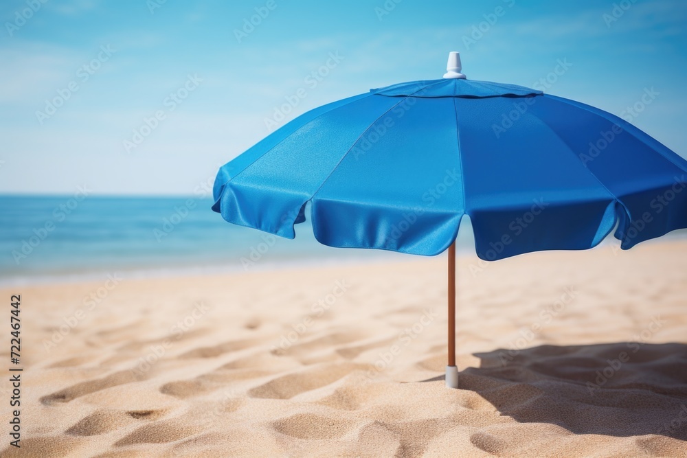 A blue umbrella sitting on top of a sandy beach. Perfect for beach vacations and summer getaways