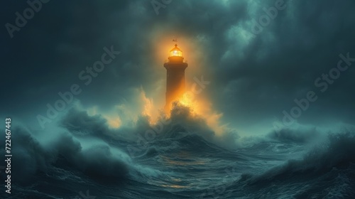 a lighthouse in the middle of a large body of water with a light on top of it in the middle of a storm.